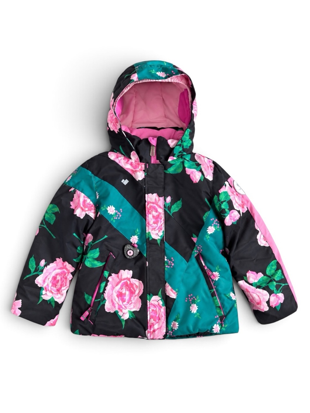 Obermeyer Girls Floral Insulated Ski Snow Jacket Black Pink Teal Size 7